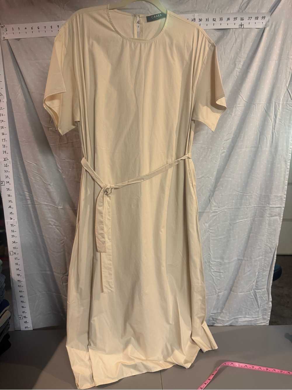 Caara Cream Short-Sleeve Belted Midi Dress